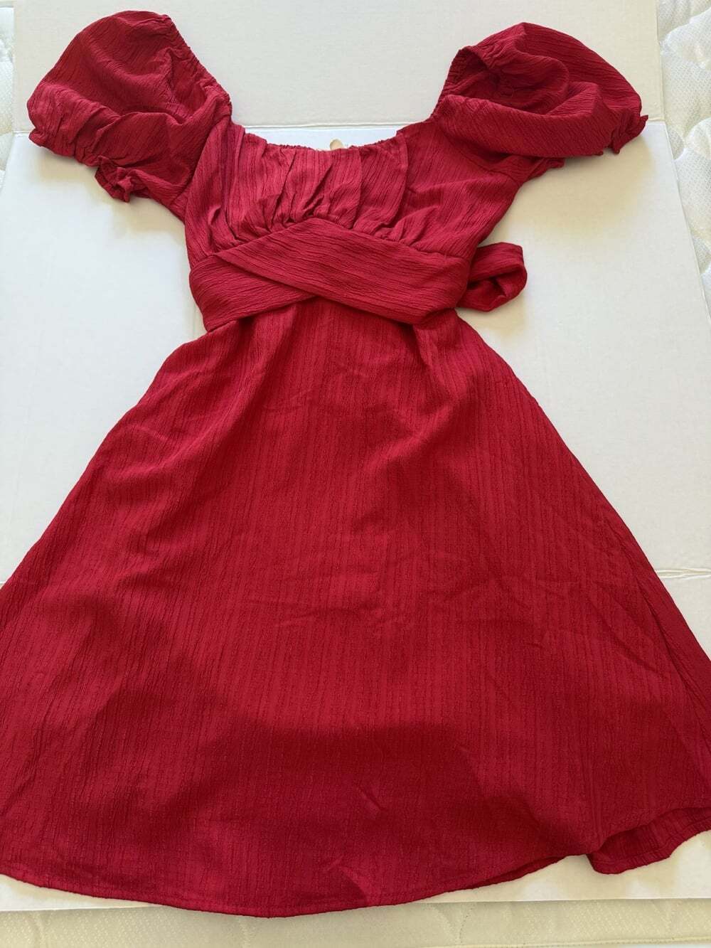 Pie in the Sky Red Midi Dress Womens M Puff Sleeve Tie Back Textured Holiday